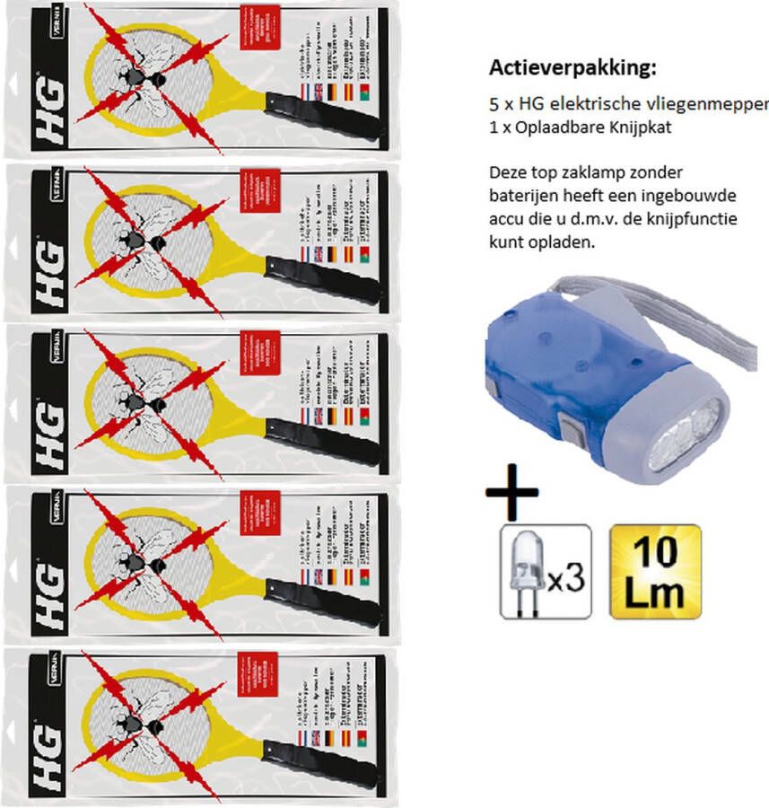 HG X elektrische vliegenmepper 5 Stuks + Zaklamp Knijpkat