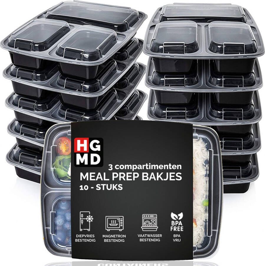 HGMD Meal Prep Bakjes 10 stuks 3 compartimenten Lunchbox Diepvriesbakjes Vershoudbakjes Plastic Bakjes Met Deksel Magnetron Bakjes Met Deksel Meal Prep Vershouddoos 1L BPA vrij