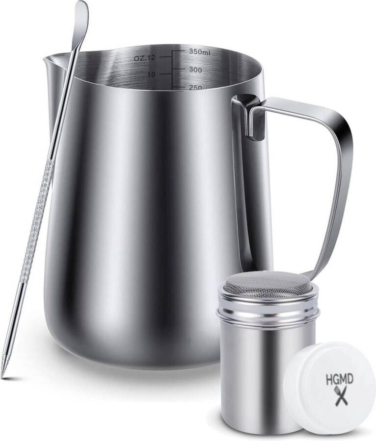 HGMD Melkkan 350ml Melkkannetje opschuim Melkopschuimkan Milk Pitcher Melkkannetje Inclusief Art Pen & Strooipotje Latte Art RVS