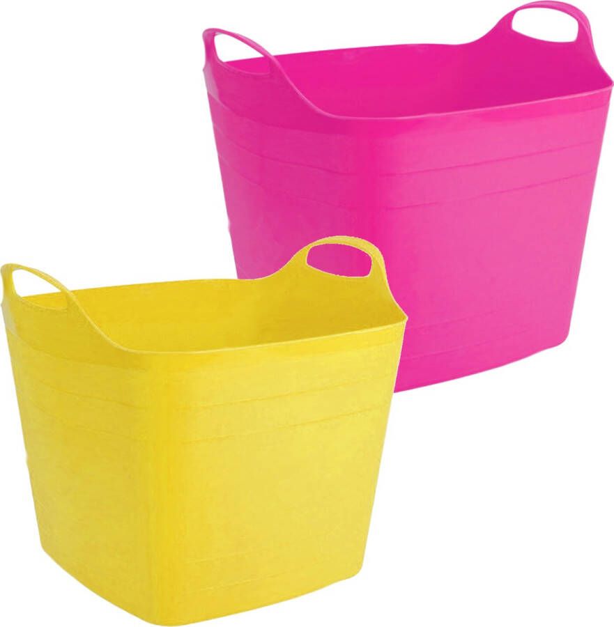 Hi Combieset van 2x stuks kunststof flexibele emmers wasmanden kuipen 40 liter in het roze geel 42 x 42 cm