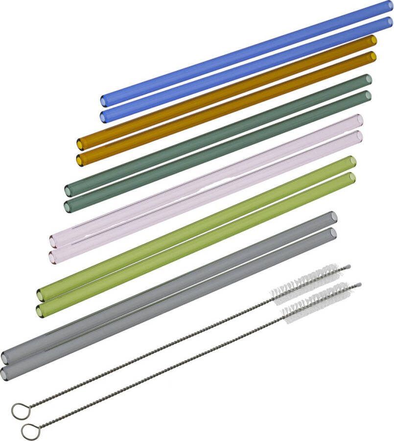 Hi rietjes recht set 18x glas met rager gekleurd 23 cm