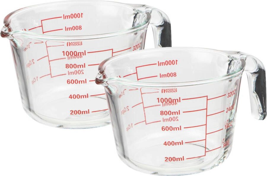 Hi Set van 2x stuks glazen maatbekers 1 liter ttebestendig Maatbekers van glas Vloeistoffen afmeten