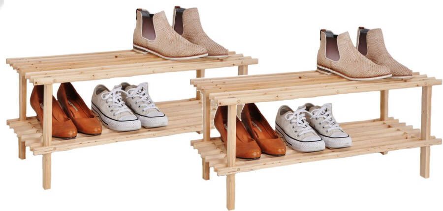 Hi Set van 2x stuks houten schoenenrek schoenenstandaard 2-laags 74 x 26 x 29 5 cm Schoenen opbergen