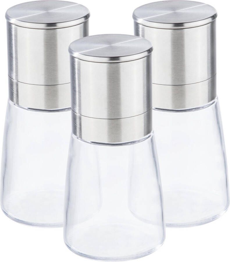 Hi Set van 3x stuks kruidenmolen pepermolen zoutmolen RVS glas transparant zilver 13 cm Pepermaler zoutmaler Kruiden en specerijen vermalers
