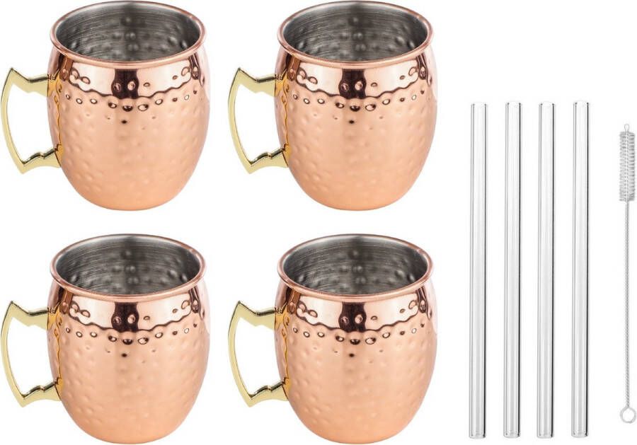 Hi Set van 4x Cocktailbekers Moscow Mule 500 ml Inclusief 4x glazen herbruikbare rietjes