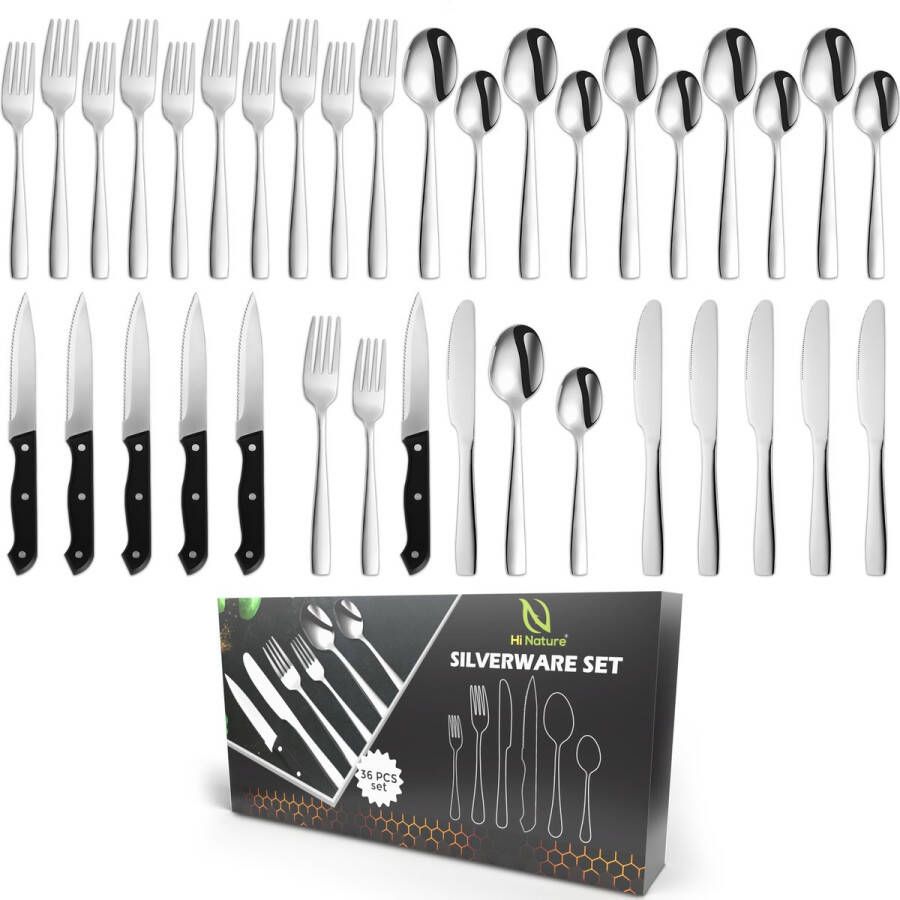Hi Nature ™ Bestekset 6 Persoons (36-delig) Zilver Bestek Lepels Messen Vorken Steakmessen Vaatwasserbestendig Hoogwaardige Roestvrij Staal RVS