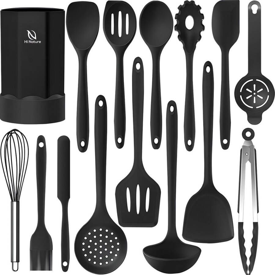 Hi Nature ™ Keukengerei Set met Houder 15 delig Siliconen spatels Spatelset Keukenspatel Pannenlikker Bakspaan Garde Bakkwast Pastalepel Bakspaan Schuimspaan Hittebestendig BPA vrij Anti-aanbak Keuken Gerei (Zwart)