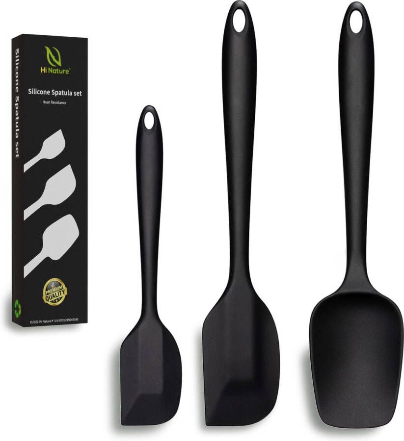 Hi Nature ™ Spatel set 3 stuks Spatel silicone Siliconen spatel set BPA vrij Spatelset Keukenspatel Pannenlikker Bakspaan Keukengerei set hittebestendig Anti-aanbak Keuken gerei (Zwart)