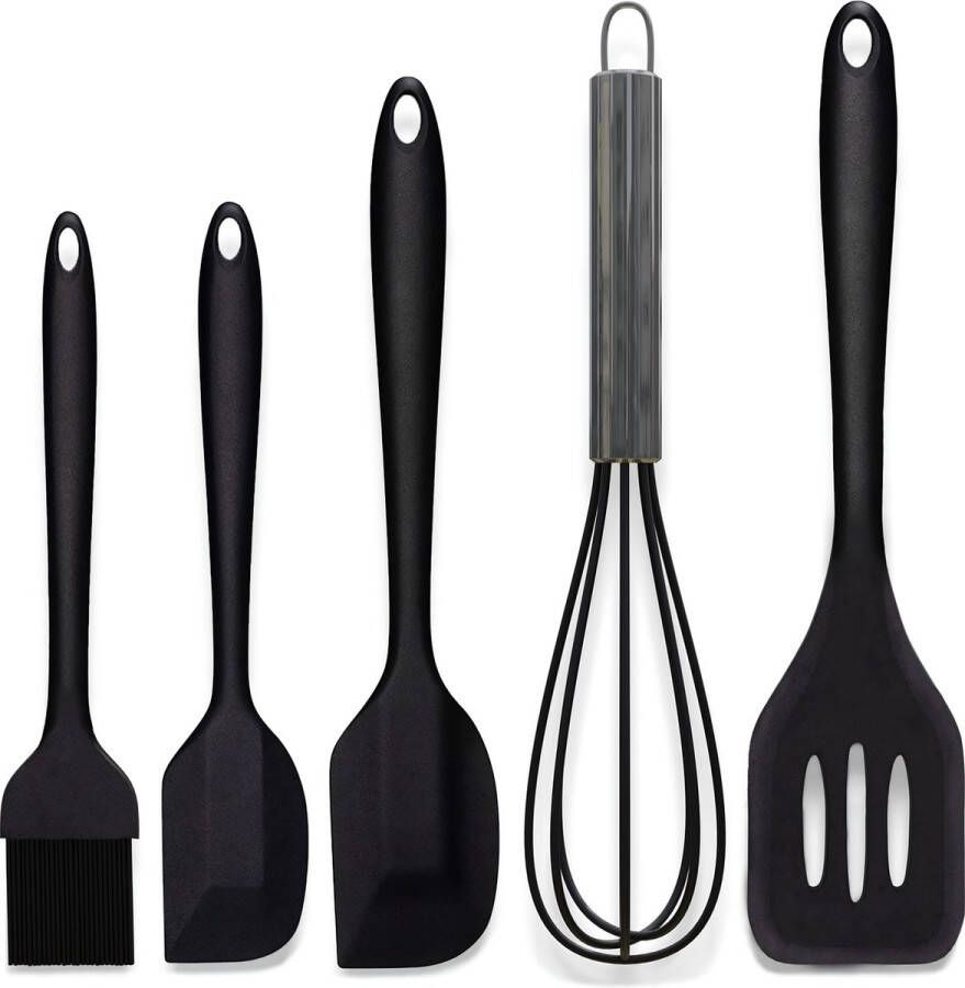 Hi Nature ™ Spatel set van 5 stuks Spatel silicone Siliconen spatel set Spatelset keukengerei set Keukenspatel Hittebestendig Vaatwasserbestendig Bakspaan Bakkwast Garde Pannenlikker Anti-aanbak spatelset keuken gerei (Zwart)