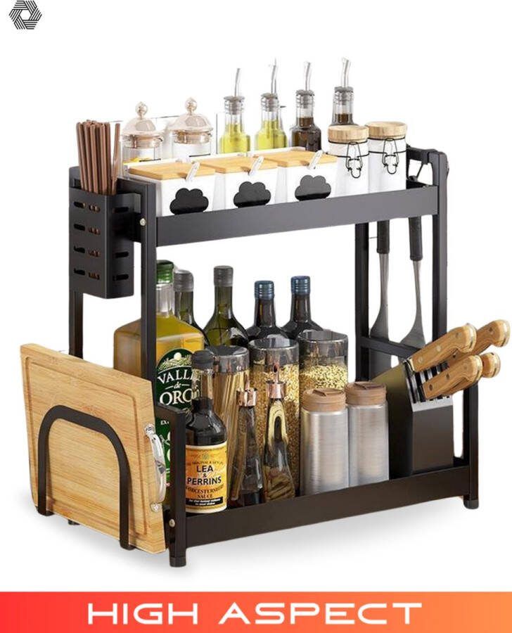 High aspect 2 Laags Keuken Kruidenrek RVS Zwart Afdruiprek Organizer Opbergen Kruidenrek Snijplankenhouder Opbergrek Keuken Organizer