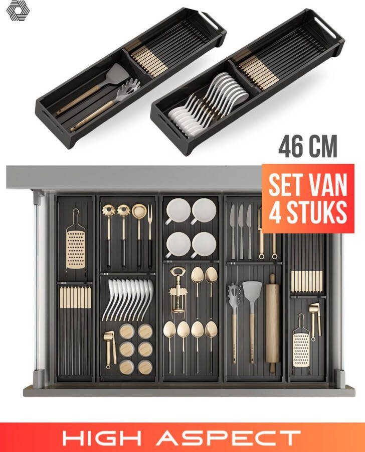 High aspect 46cm bestekdoos set van 4 Moduluxe Organizer: Zelfstellende Bestekdoos met Combineerbare Indelingsmogelijkheden Bestekdoos Bestekbak Bestekhouder RVS Bestek bak Keuken organizer