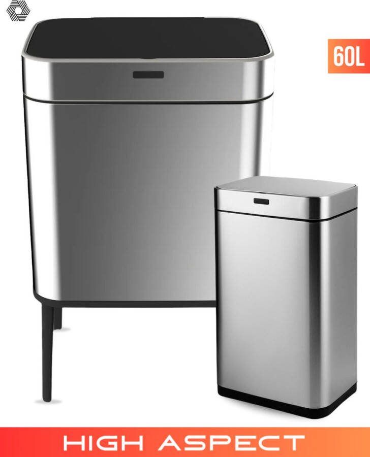 High aspect Sensor Prullenbak op pootjes XL Zilver 60 Liter\ Afvalbak\ Demonteerbare Pootjes\ Design\ Afval Container