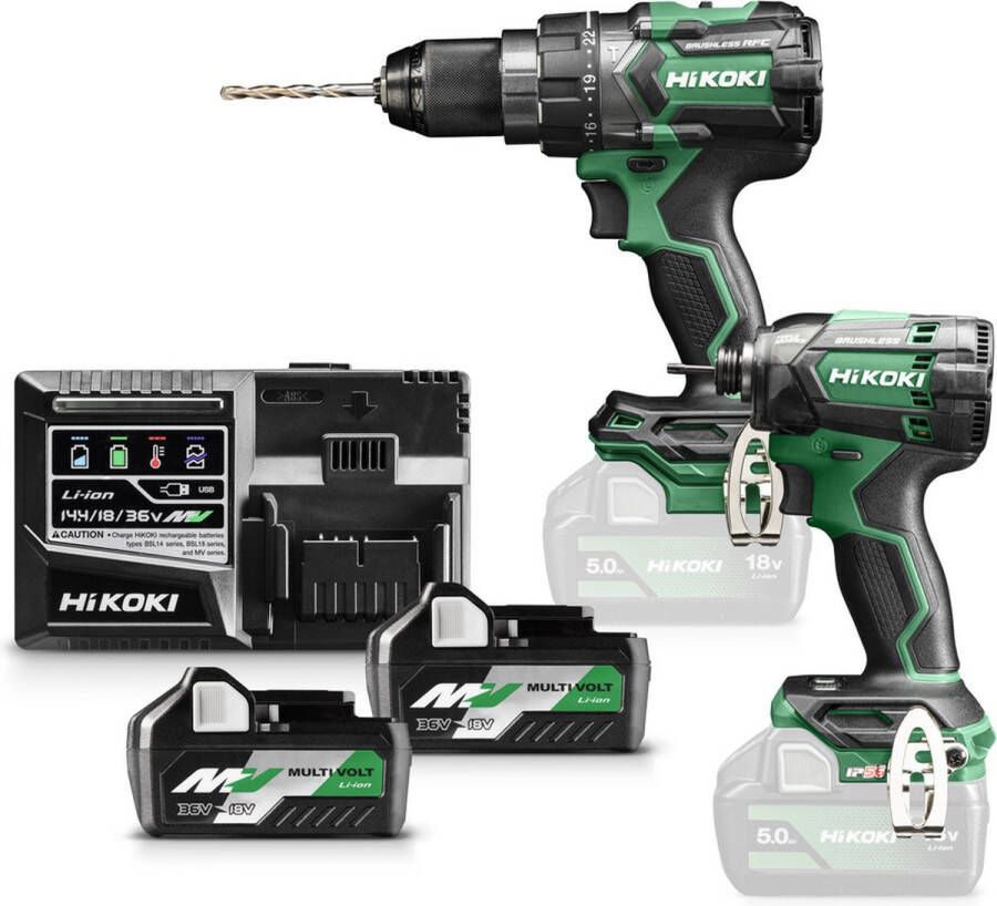 HiKOKI KC18DCWBZ 18 Volt Combopack DV18DC Accu klopboormachine + WH18DC Slagschroevendraaier met 2x BSL36A18 multivolt accu en lader in HSC III