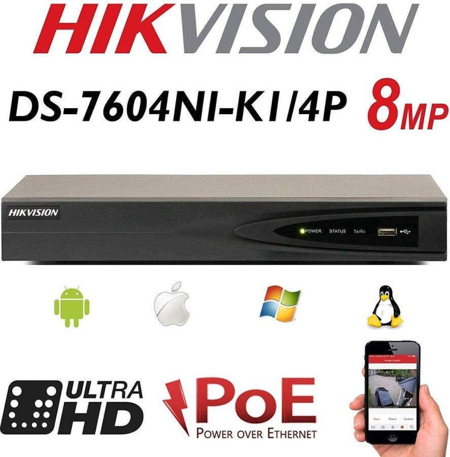 Hikvision 4CH 8 MP NVR IP Netwerk POE HDMI UHD Professional