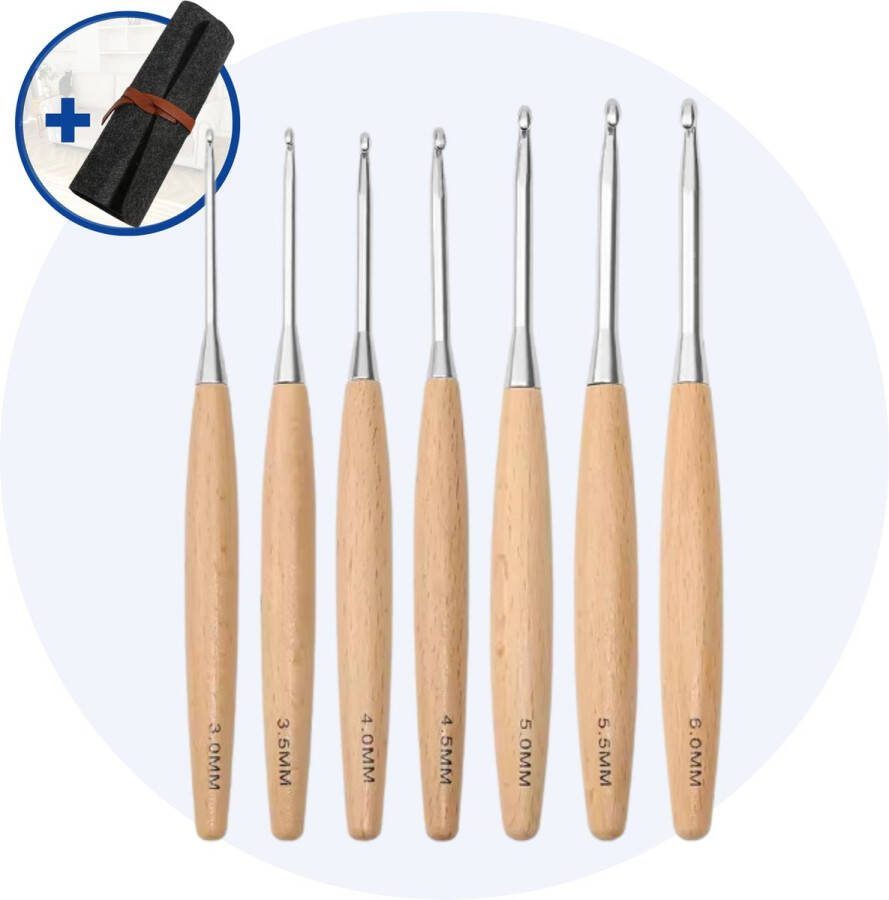 Hilvard Haaknaalden Crochet Haken Set van 7 stuks Ergonomische grip Inclusief buidel 3mm tot 6mm Houten afwerking