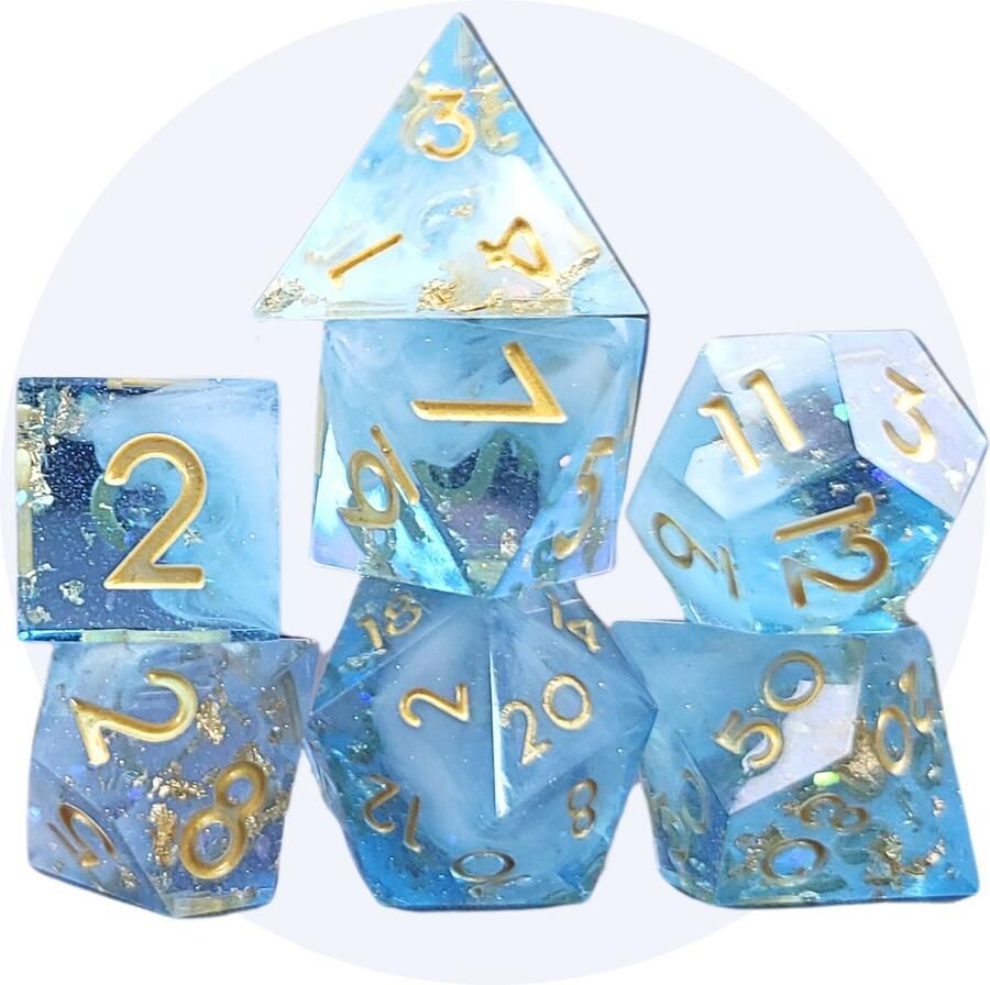 Hilvard Resin Dobbelstenen Set Aqua Glitter D&D Dice Set DnD Polydice Set 7 Stuks Inclusief metalen case en velvet opbergzak Geschikt voor Dungeons and Dragons Geschikt voor Magic the Gathering