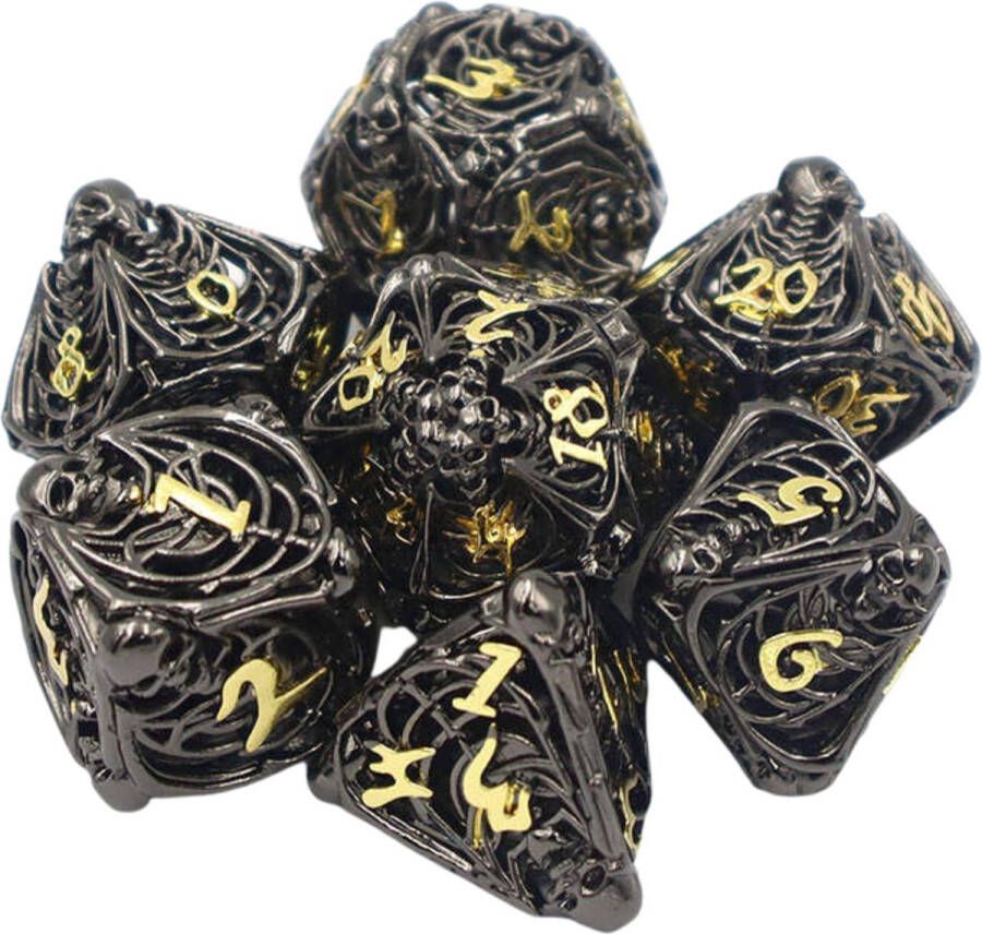 Hilvard Metalen Dobbelstenen Set Black Gold Skull D&D Dice Set DnD Polydice Set 7 Stuks Inclusief metalen case en velvet opbergzak Geschikt voor Dungeons and Dragons Geschikt voor Magic the Gathering