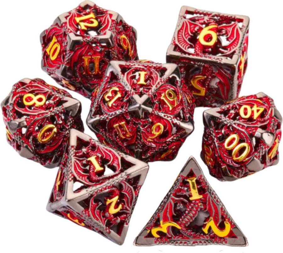 Hilvard Metalen Dobbelstenen Set Fire Dragon D&D Dice Set DnD Polydice Set 7 Stuks Inclusief metalen case en velvet opbergzak Geschikt voor Dungeons and Dragons Geschikt voor Magic the Gathering