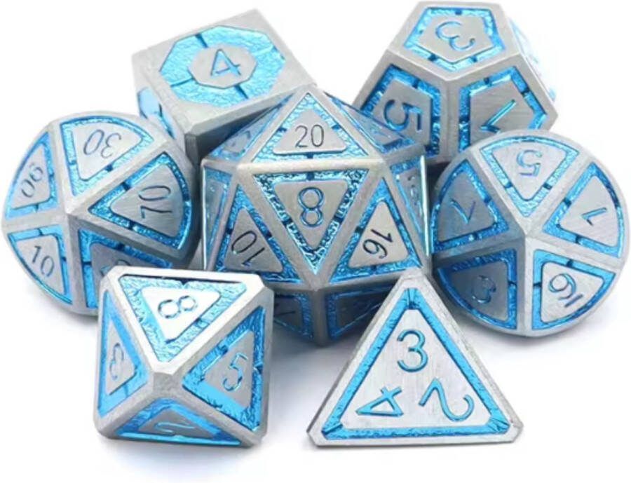 Hilvard Metalen Dobbelstenen Set Ice Blue Metal D&D Dice Set DnD Polydice Set 7 Stuks Inclusief metalen case en velvet opbergzak Geschikt voor Dungeons and Dragons Geschikt voor Magic the Gathering