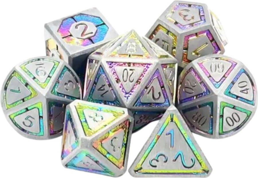 Hilvard Metalen Dobbelstenen Set Neon & Metaal D&D Dice Set DnD Polydice Set 7 Stuks Inclusief metalen case en velvet opbergzak Geschikt voor Dungeons and Dragons Geschikt voor Magic the Gathering