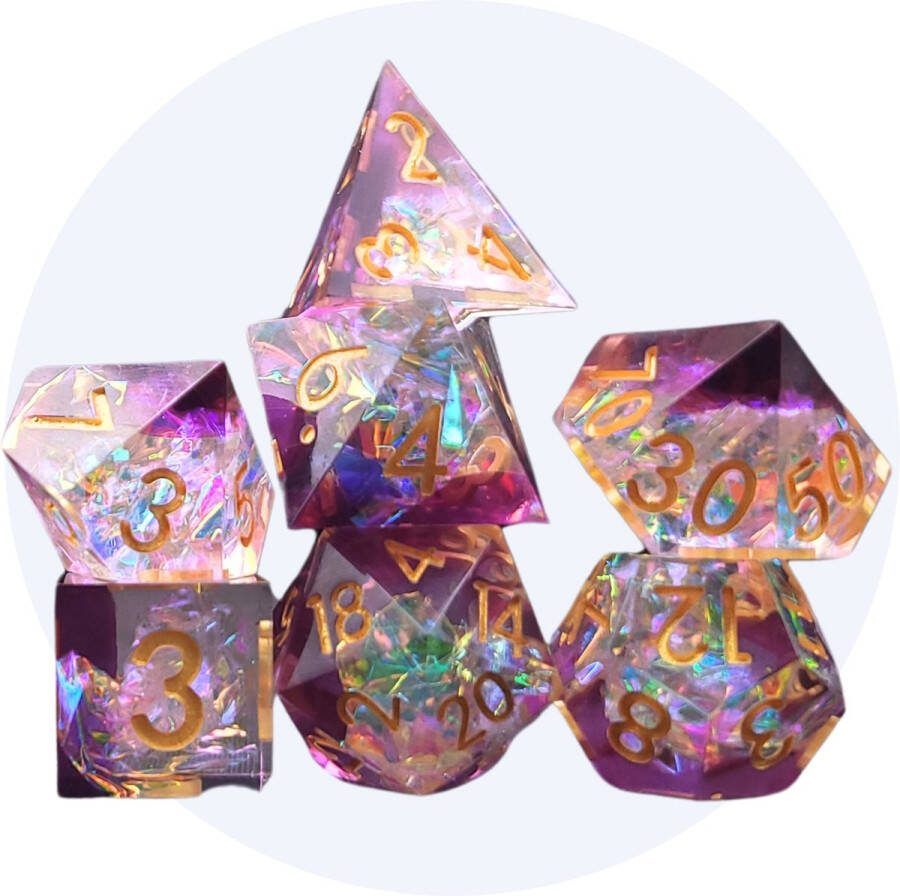 Hilvard Resin Dobbelstenen Set Shiny Amethyst D&D Dice Set DnD Polydice Set 7 Stuks Inclusief metalen case en velvet opbergzak Geschikt voor Dungeons and Dragons Geschikt voor Magic the Gathering