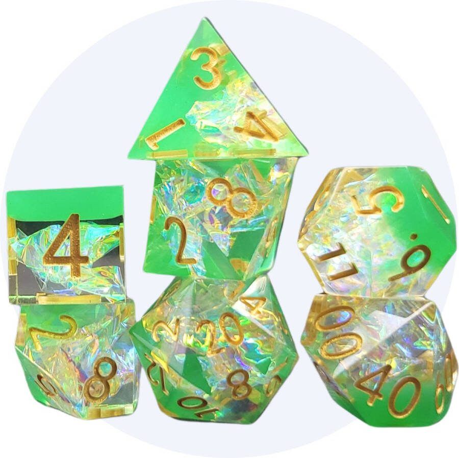 Hilvard Resin Dobbelstenen Set Spring green D&D Dice Set DnD Polydice Set 7 Stuks Inclusief metalen case en velvet opbergzak Geschikt voor Dungeons and Dragons Geschikt voor Magic the Gathering