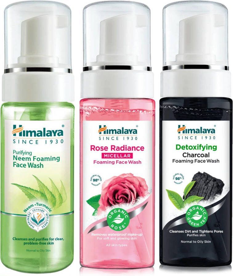 Himalaya Herbals Natuurlijke Gezichtsreiniging Foam Face Wash Trio 150 ml Rose Micellair Foam Facewash 150 ml Neem Foam Facewash 150 ml Charcoal Foam Facewash