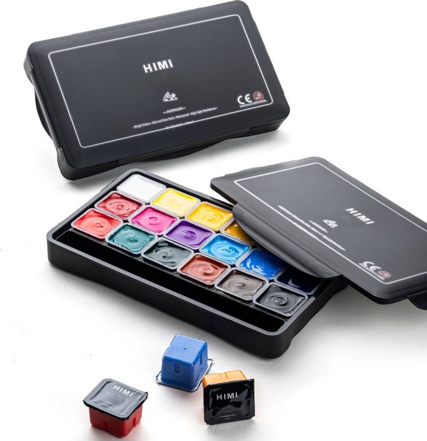 Himi Acrylverf set van 18 kleuren x 30ml – in kunststof opbergbox zwart