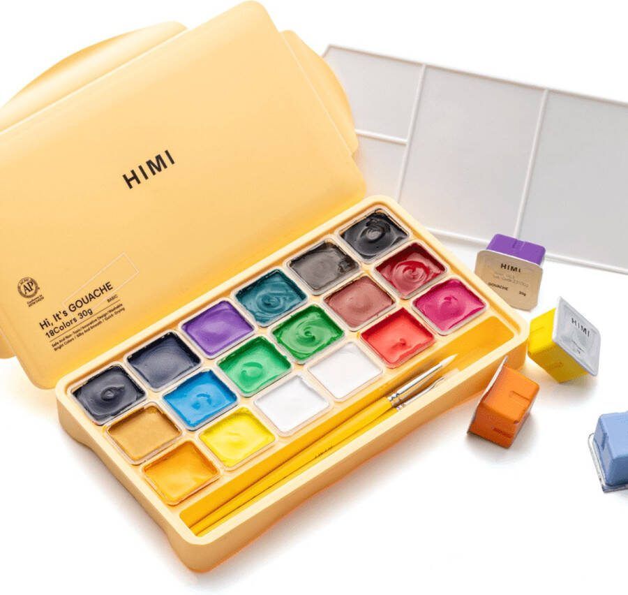 Himi Gouache 18 kleuren x 30gr in kunststof opbergbox geel + 3 penselen
