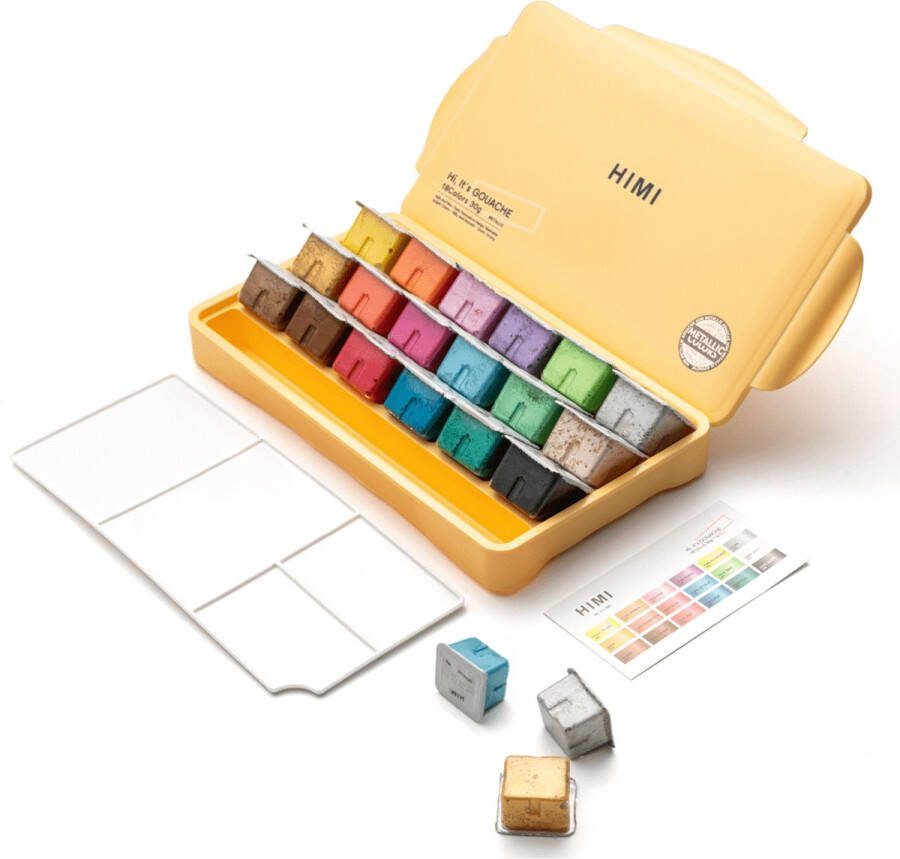 Himi Gouache Metallic set van 18 kleuren x 30ml in kunststof opbergbox geel