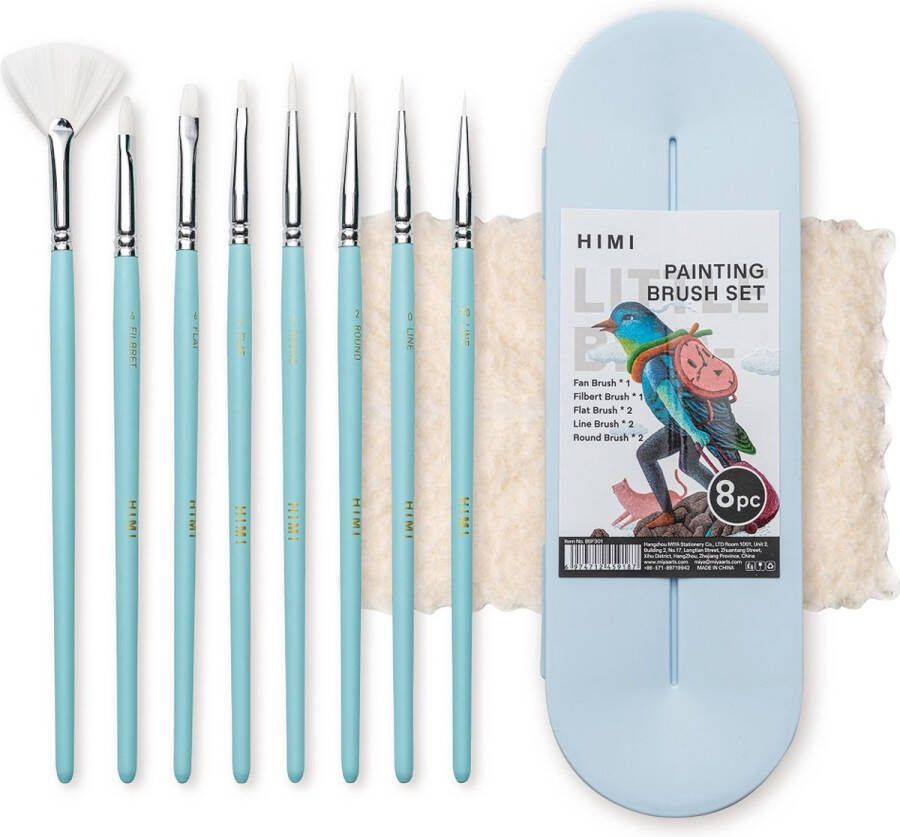 Himi Gouache penselen Set van 8 in kunststof bewaarblik Ice Blue
