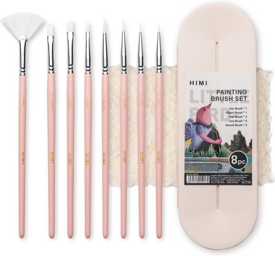 Himi Gouache penselen – Set van 8 in kunststof bewaarblik Roze