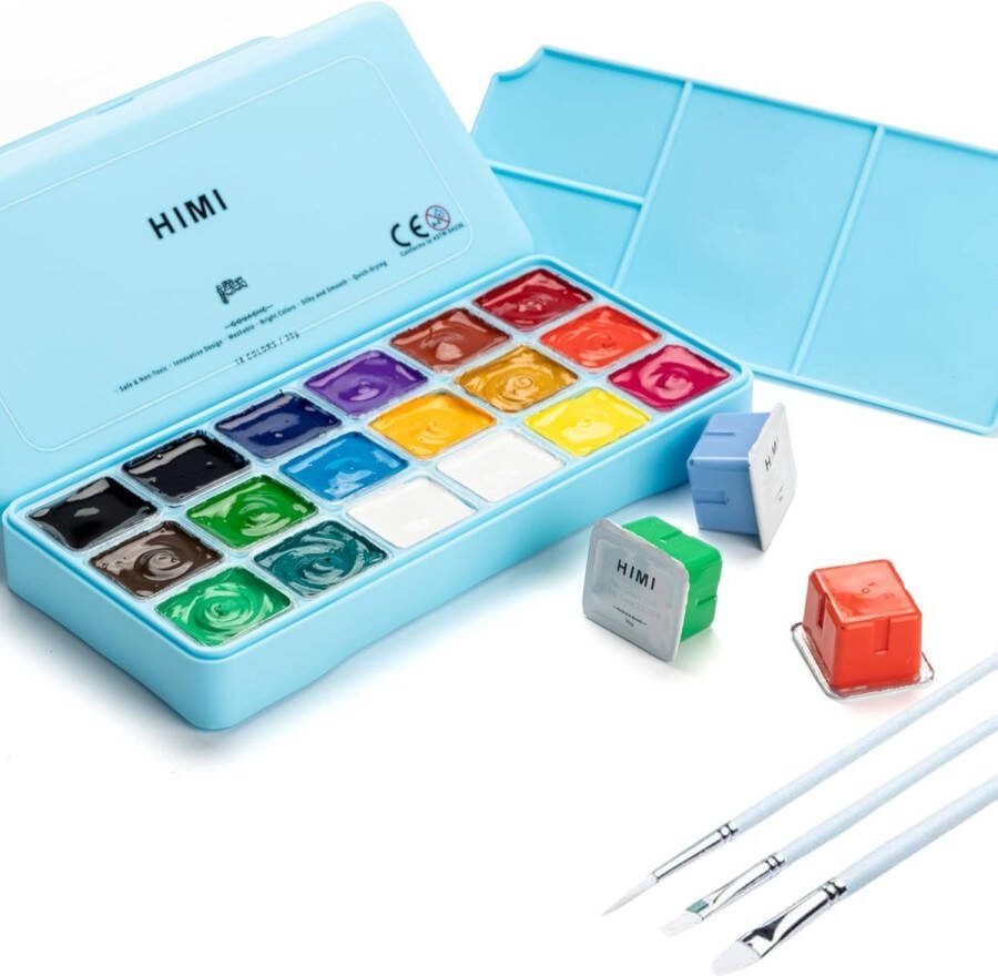 Himi Gouache set van 18 kleuren x 30ml in kunststof opbergbox blauw + 3 penselen