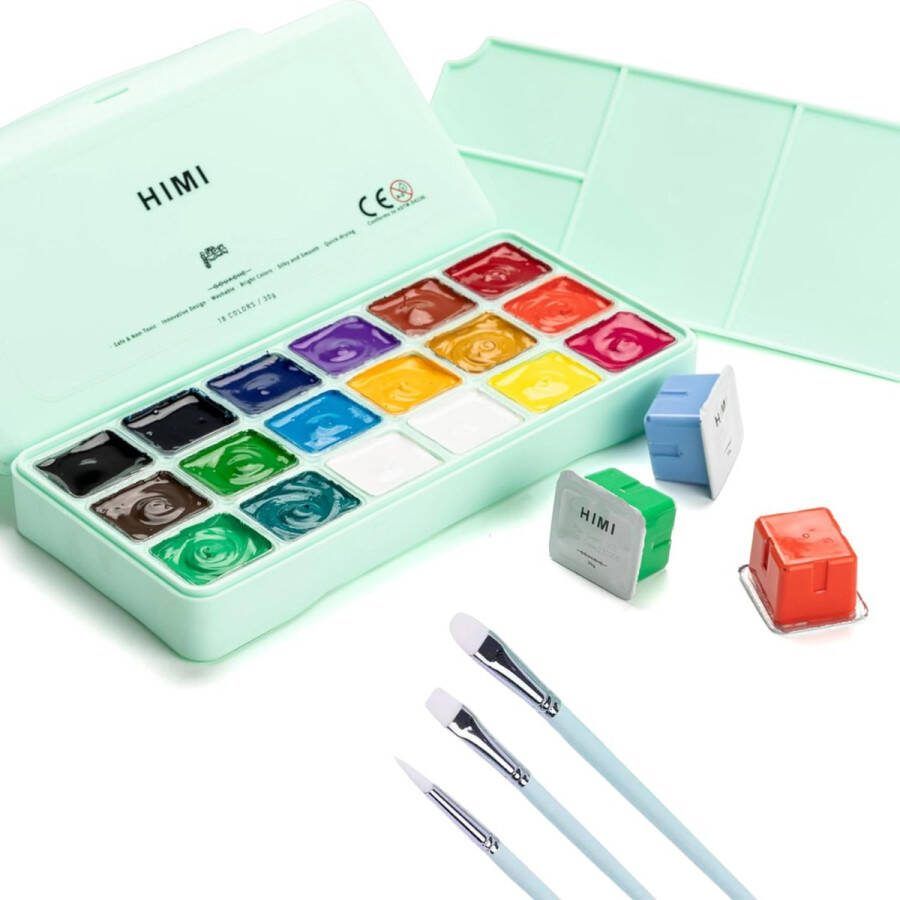 Himi Gouache set van 18 kleuren x 30ml in kunststof opbergbox groen + 3 penselen
