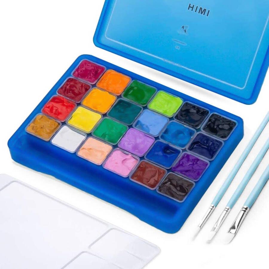 Himi Gouache set van 24 kleuren x 30ml in kunststof opbergbox blauw + penselen set van 3 Blauw