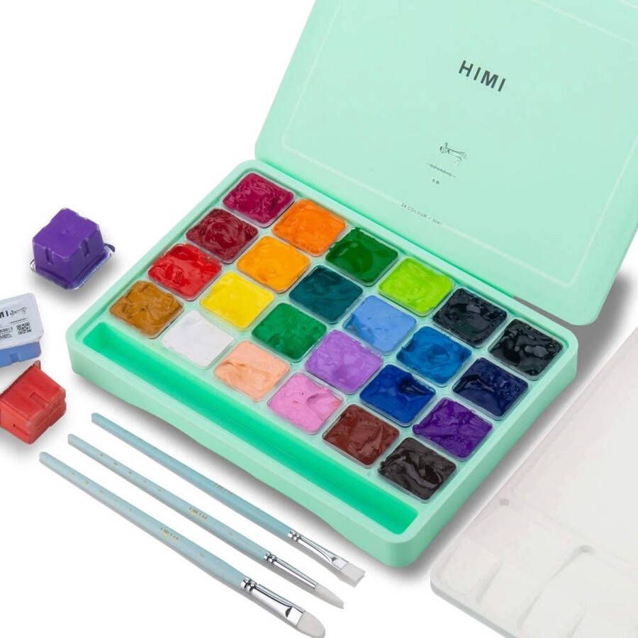 Himi – Gouache – set van 24 kleuren x 30ml – in kunststof opbergbox groen + penselen set van 3 – groen