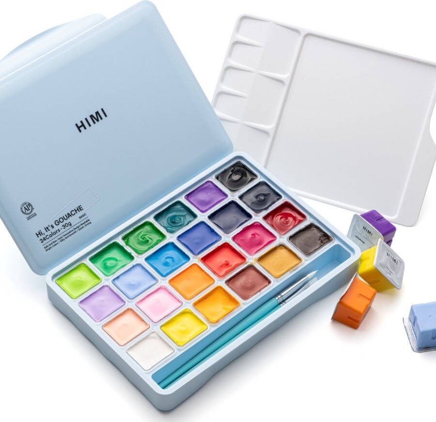 Himi Gouache set van 24 kleuren x 30ml in kunststof opbergbox + penselen set van 3 Ice Blue Limited edition
