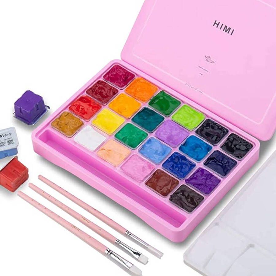 Himi – Gouache – set van 24 kleuren x 30ml – in kunststof opbergbox roze + penselen set van 3 – Roze