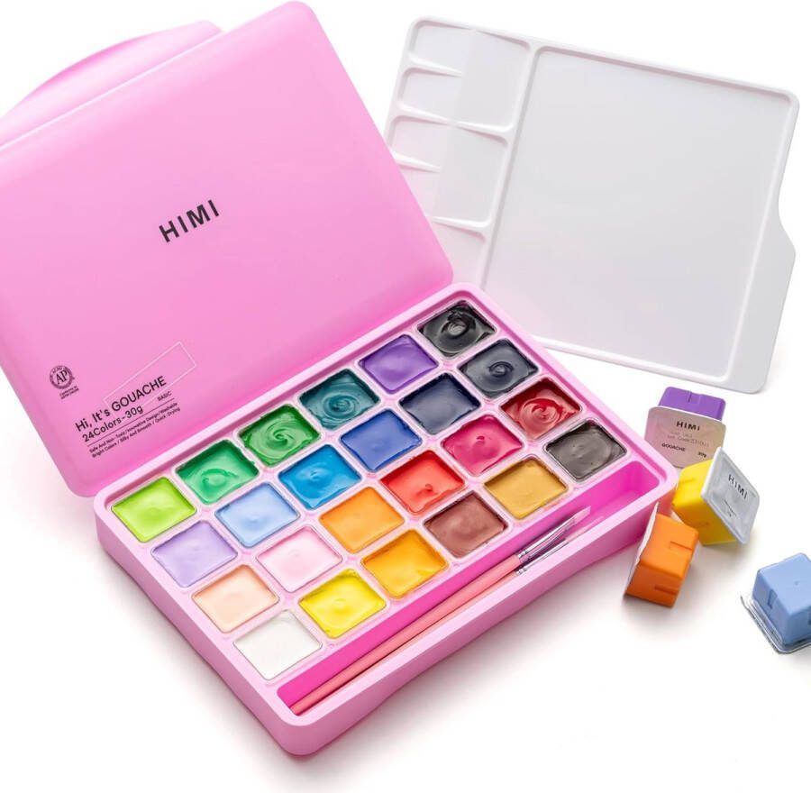 Himi – Gouache – set van 24 kleuren x 30ml – in kunststof opbergbox roze + penselen set van 3 – Roze