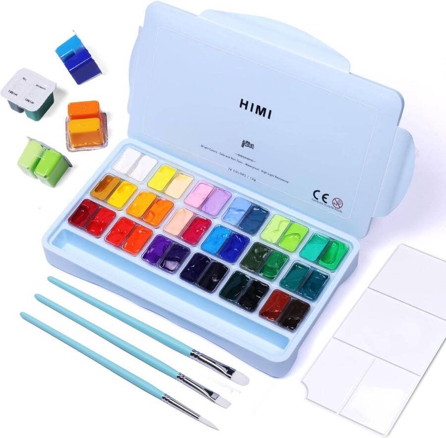 Himi – Gouache – set van 36 kleuren 12g – Twin split cups – Ice Blue + 3 penselen