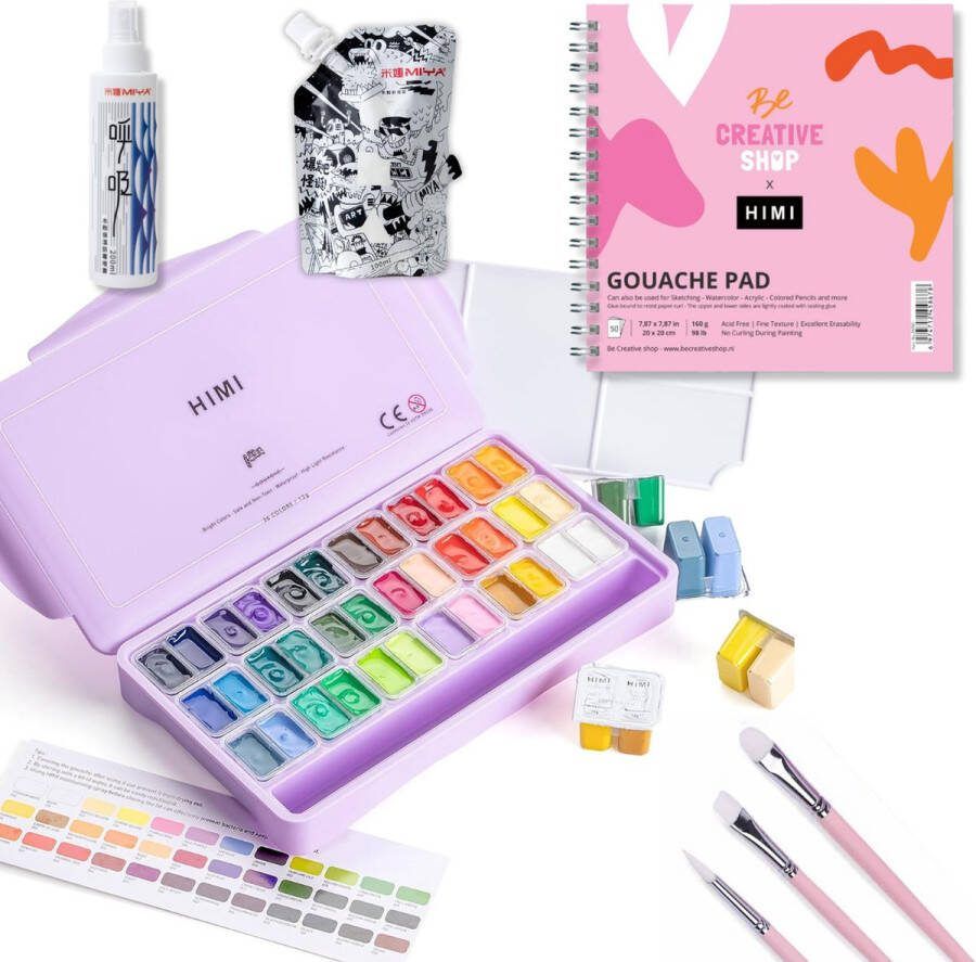 Himi – Gouache STARTERSET – set van 36 kleuren 12g – Twin split cups – Lila + 3 penselen + meeldauwspray + Gouachepad + Refill bag 100ml