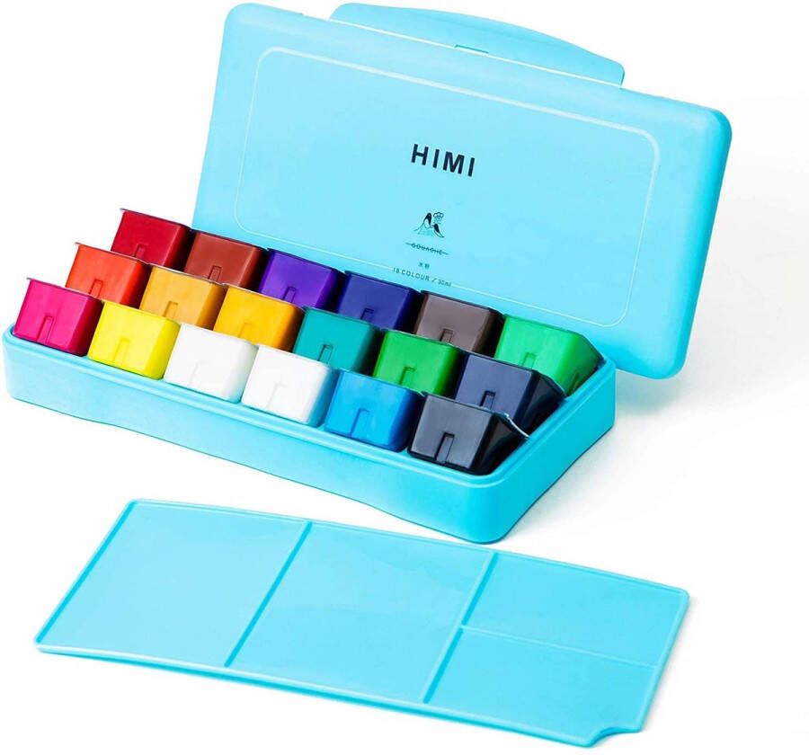 Himi MIYA Gouache set van 18 kleuren x 30ml in kunststof opbergbox blauw