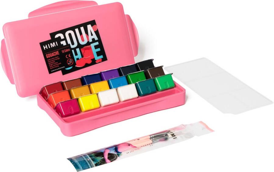 Himi MIYA – Gouache – set van 18 kleuren x 30ml – in kunststof opbergbox roze + 3 penselen