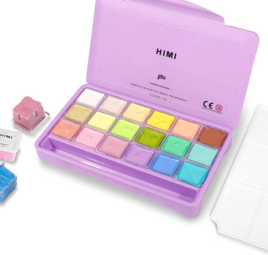 Himi Gouache set van 18 Pastel kleuren 30g Lila + 3 penselen