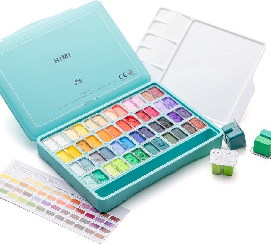 Himi MIYA Gouache set van 48 kleuren 12g Twin split cups Turquoise