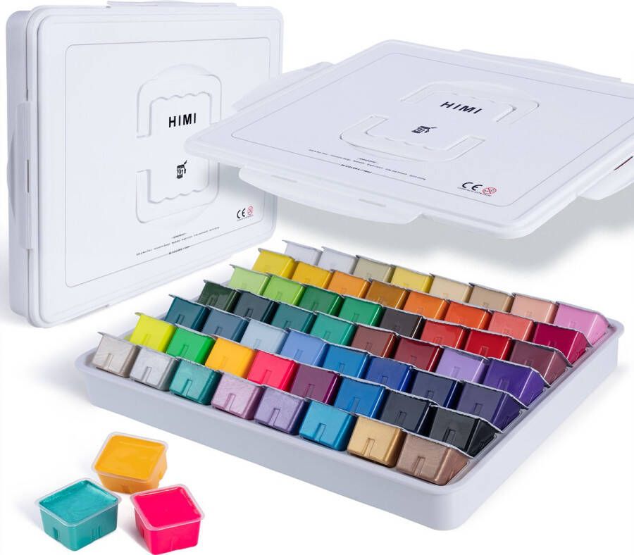 Himi MIYA Gouache set van 56 kleuren x 30ml in kunststof opbergbox wit incl. Neon en Metallic kleuren