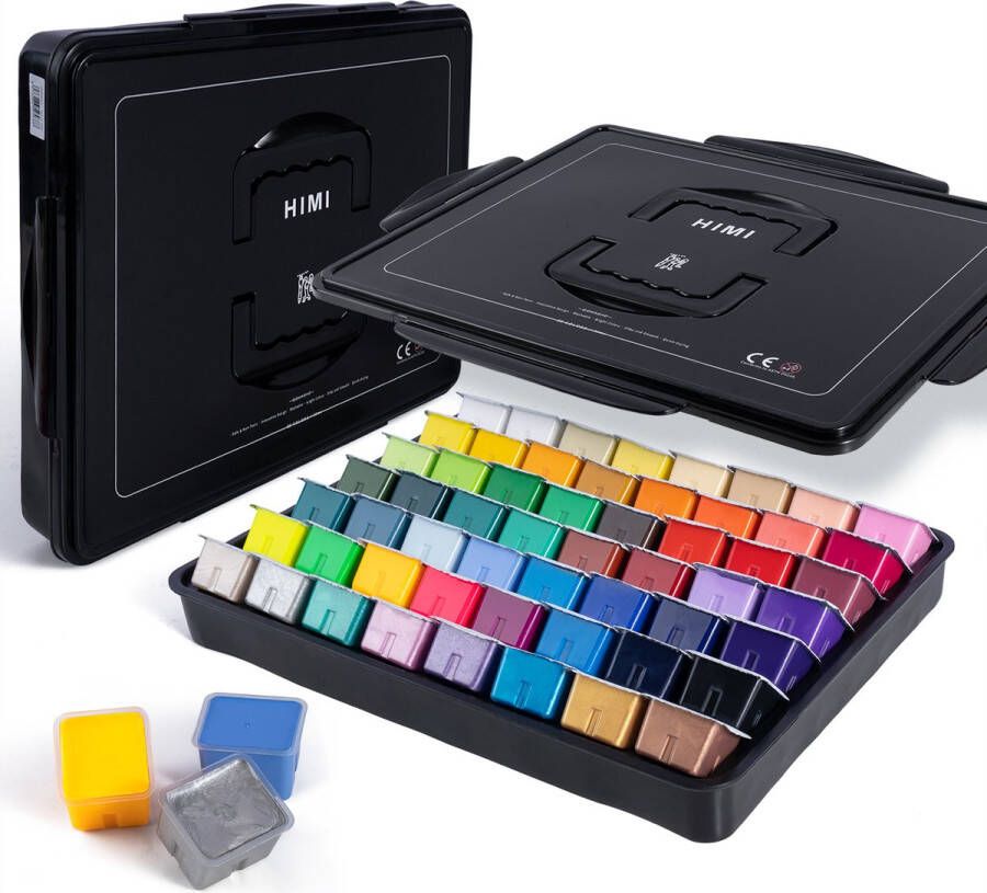 Himi MIYA Gouache set van 56 kleuren x 30ml in kunststof opbergbox zwart incl. Neon en Metallic kleuren