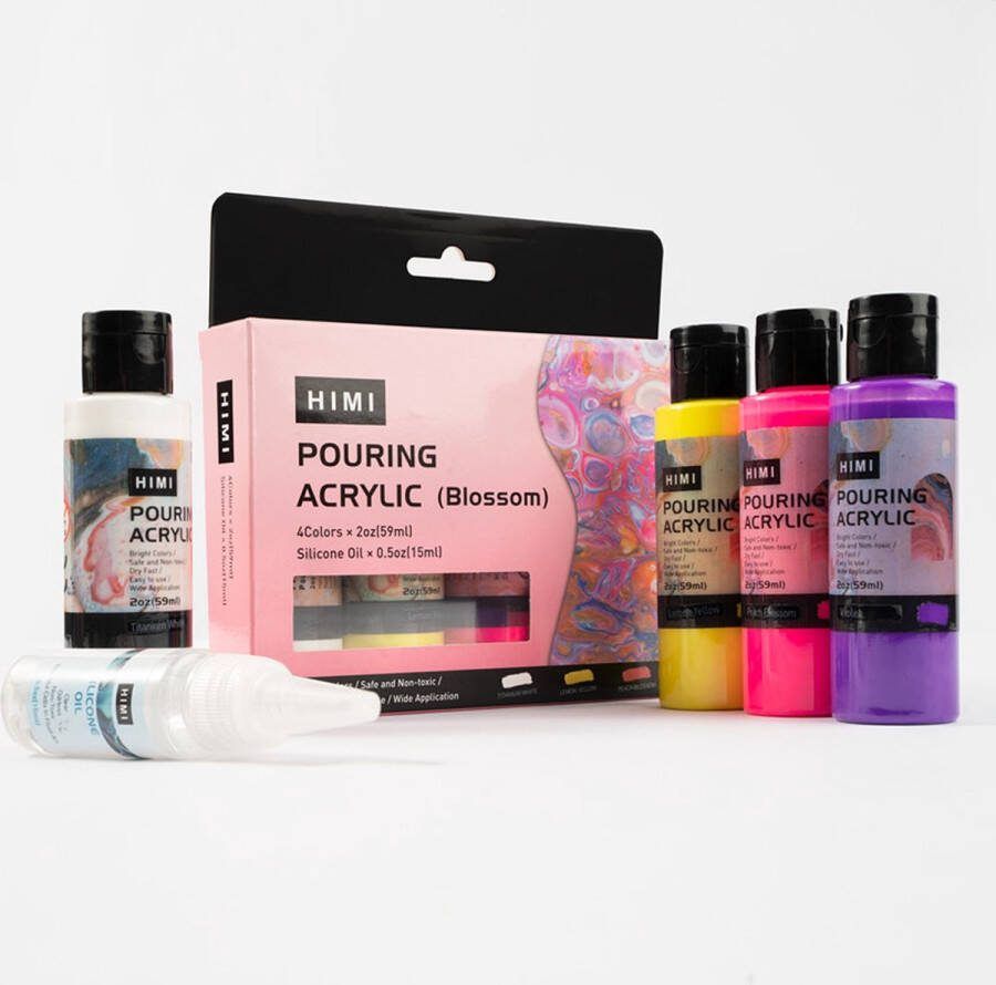 Himi Pouring Acryl set 4 kleuren 59ml + Silicone oil 15ml Blossom