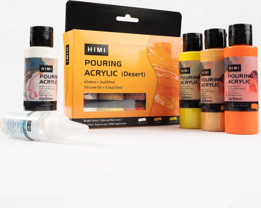 Himi Pouring Acryl set 4 kleuren 59ml + Silicone oil 15ml Desert