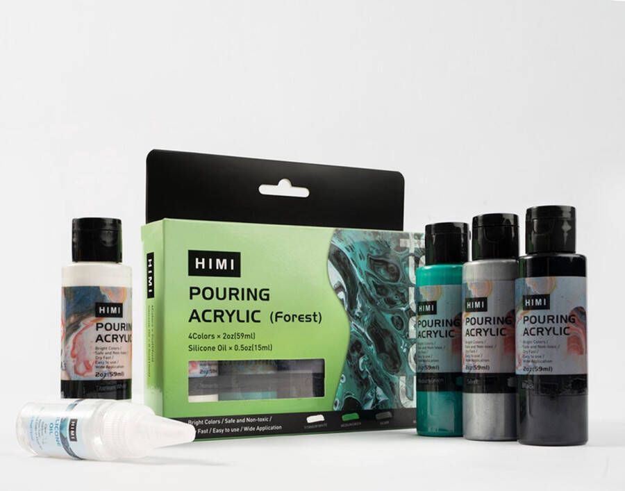 Himi Pouring Acryl set 4 kleuren 59ml + Silicone oil 15ml Forest